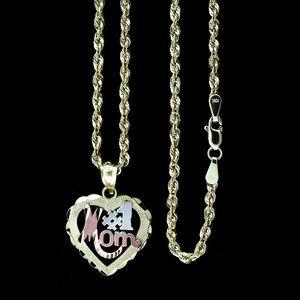 10K Real Gold Rope Chain and #1 Mom Heart Pendant Set